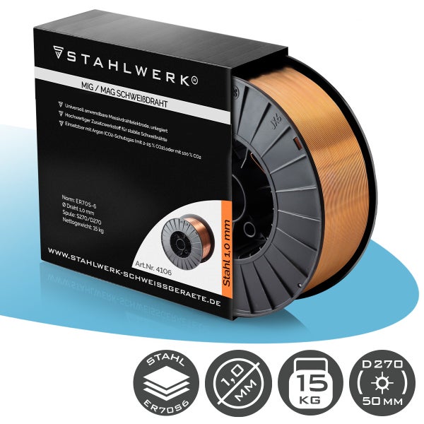 Stahlwerk Logo, MIG MAG Schweißdraht aus Stahl, 1,0 Millimeter Durchmesser, 15 Kilogramm Spule D270, Norm ER70S-6.