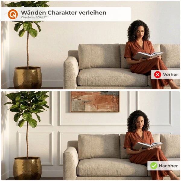 Vorher und Nachher Vergleich einer Wandgestaltung mit Wandleisten im Wohnzimmer mit Sofa Pflanze und Frau die liest.
