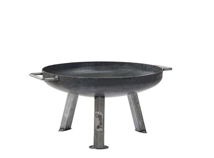 Feuerschale aus Stahl mit drei Beinen und Griffen