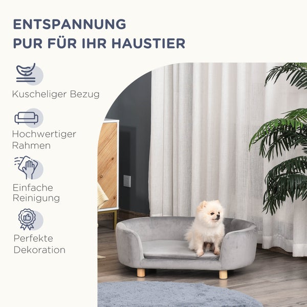 PawHut Haustier Sofa, 86L x 55B x 33H cm, Holländischer Samt, Schwamm, Birke Bein, Grau