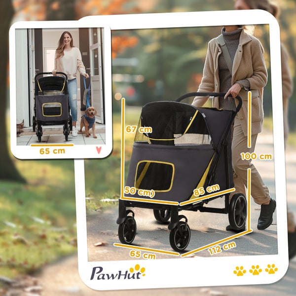 PawHut Hundewagen, Hundebuggy mit Kissen, faltbarer Hundetrolley, Katzenbuggy für große und mittelgroße Hunde, Hundetrolley mit Netzfenster, Sicherheitsleinen, Tasche, Oxfordstoff, Dunkelgrau