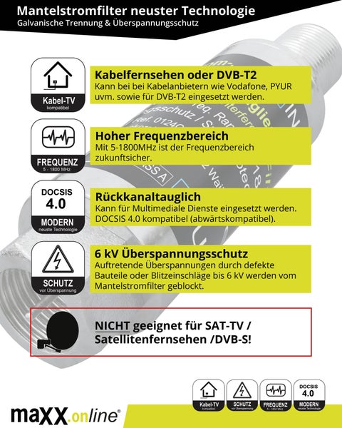 Koaxialkabel Überspannungsschutz & Mantelstromfilter für Antennenverstärker Kabel TV / DVB-C / DVB-T2, Musikanlage, Blitzschutz, galvanische Trennung, Brummfilter Antennenkabel DOCSIS 4.0