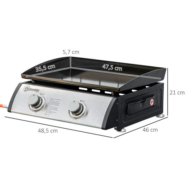 Outsunny Gasgrill, Tischgrill, BBQ mit 2 Brennern, mit Schlauch, Antihaft-Grillplatte, 48,5 x 46 x 21 cm, Edelstahl+Metall, Silber