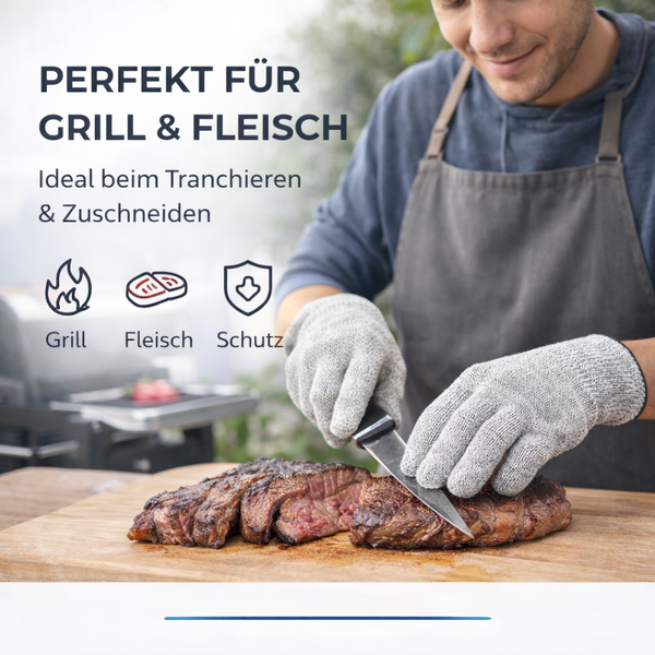 Person schneidet gegrilltes Fleisch mit einem Messer auf einem Holzbrett und trägt dabei graue Schnittschutzhandschuhe.