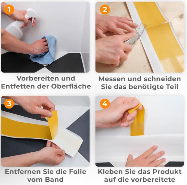 Schritt-fuer-Schritt Anleitung zur Montage von selbstklebenden Sockelleisten: Reinigen, Zuschneiden, Abziehen der Schutzfolie und Anbringen.