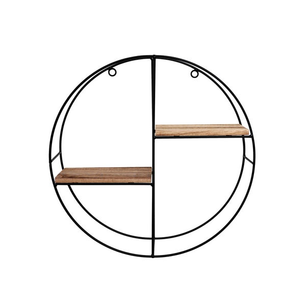 Schwarzes Metall-Wandregal mit 2 Holzböden - Rund - 37x10 cm