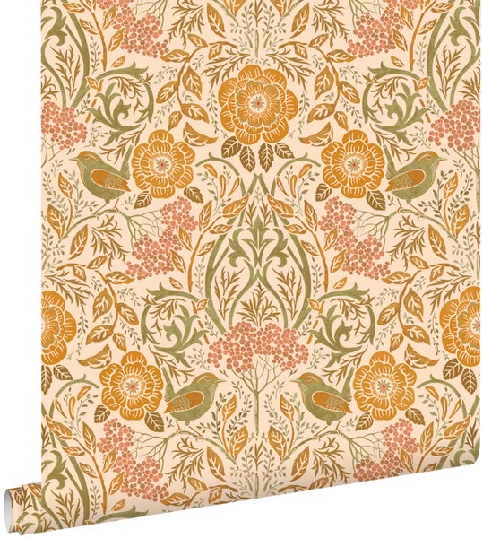 Tapete mit Blumen-, Vogel- und Beerenmuster