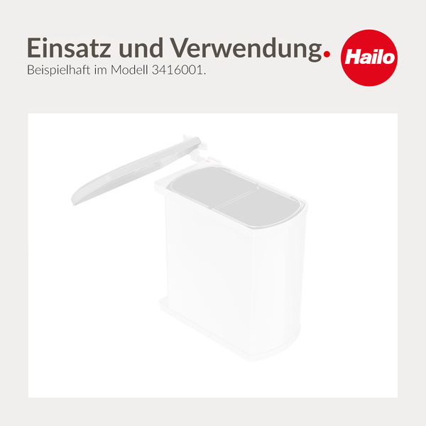Hailo Logo. Einsatz und Verwendung eines weißen Einbaumülleimers mit Deckel am Beispiel des Modells 3416001.
