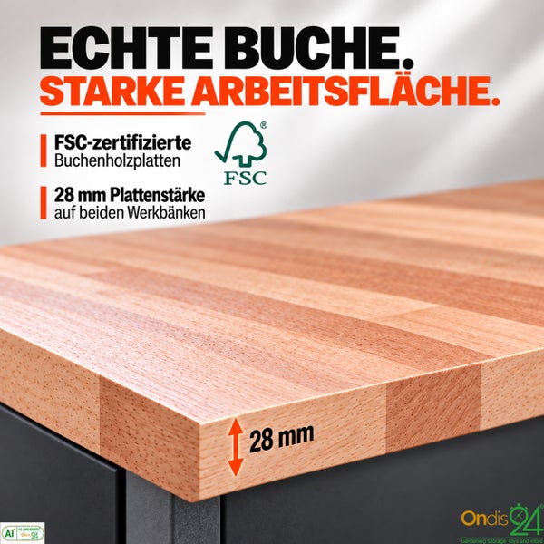 Arbeitsplatte aus FSC zertifiziertem Buchenholz mit 28 Millimeter Stärke für Werkbänke.