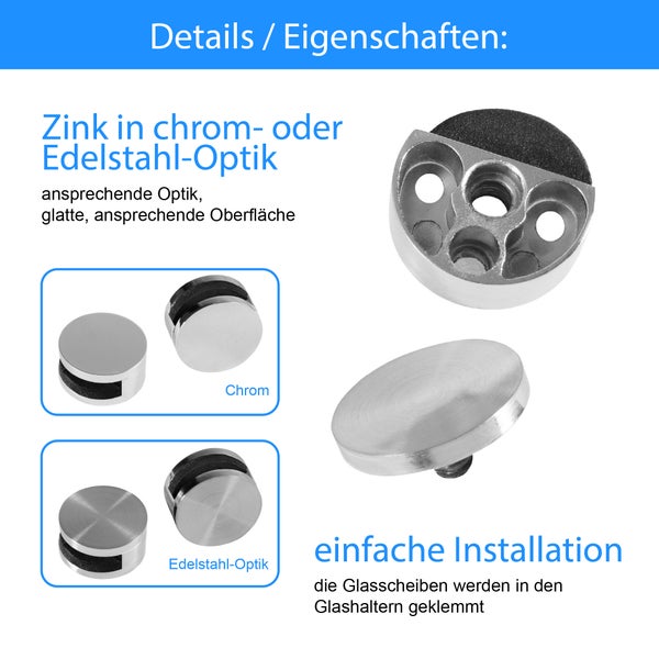 Set mit Glasplattenhaltern aus Zink in Chrom oder Edelstahloptik für eine einfache Installation durch Klemmen der Glasscheiben.