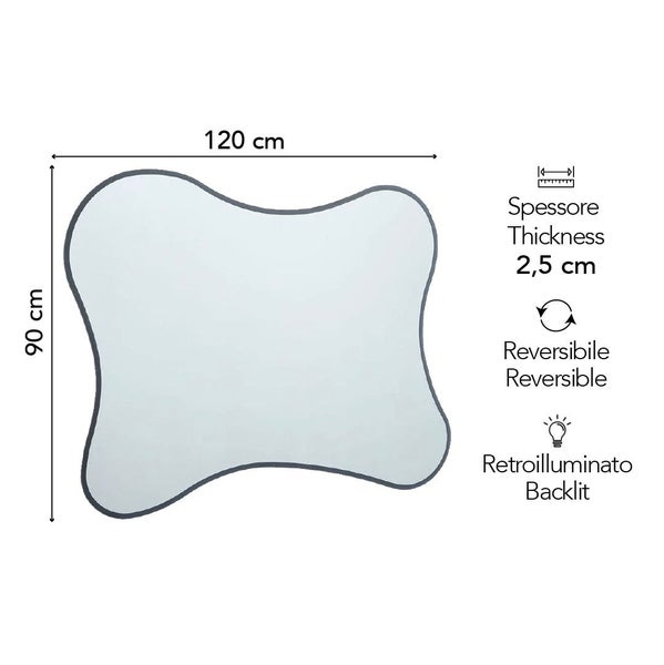 Organisch geformter Wandspiegel mit Hintergrundbeleuchtung, Breite 120 Zentimeter, Höhe 90 Zentimeter, Stärke 2,5 Zentimeter, wendbar.