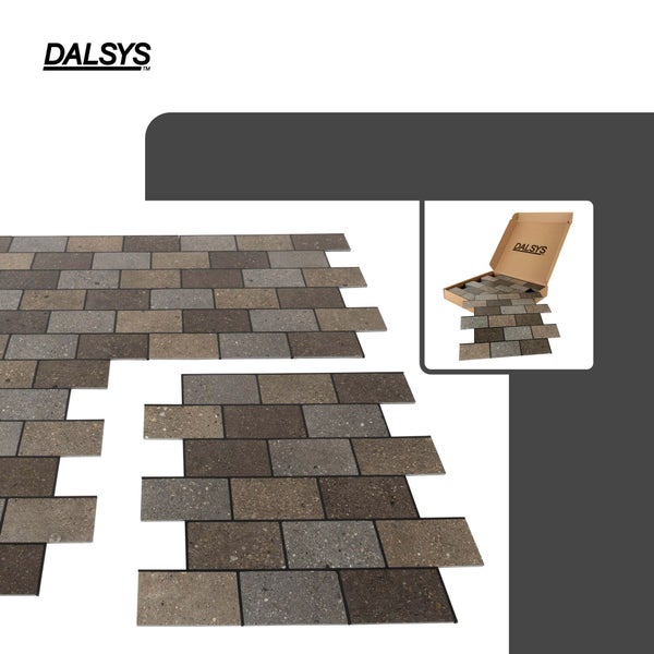 DALSYS Wandfliesen in Steinoptik mit Ziegelmuster, inklusive Verpackungskarton und DALSYS Logo.