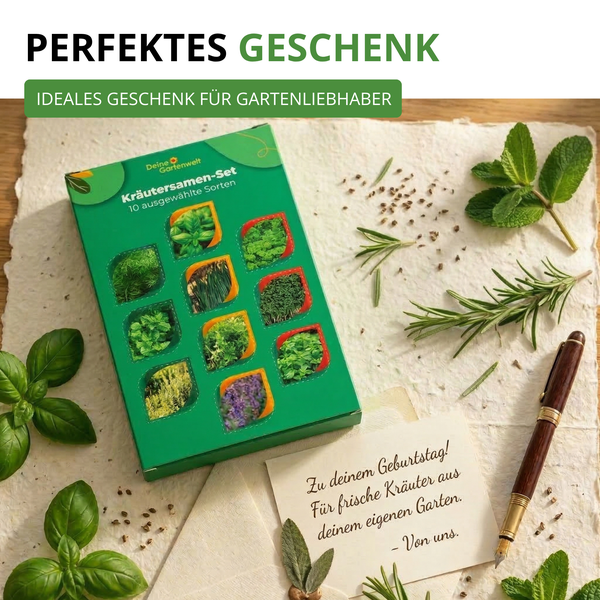 Kräutersamen-Set von Deine Gartenwelt mit 10 Sorten als Geschenk für Gartenliebhaber, dekoriert mit frischen Kräutern und Glückwunschkarte.