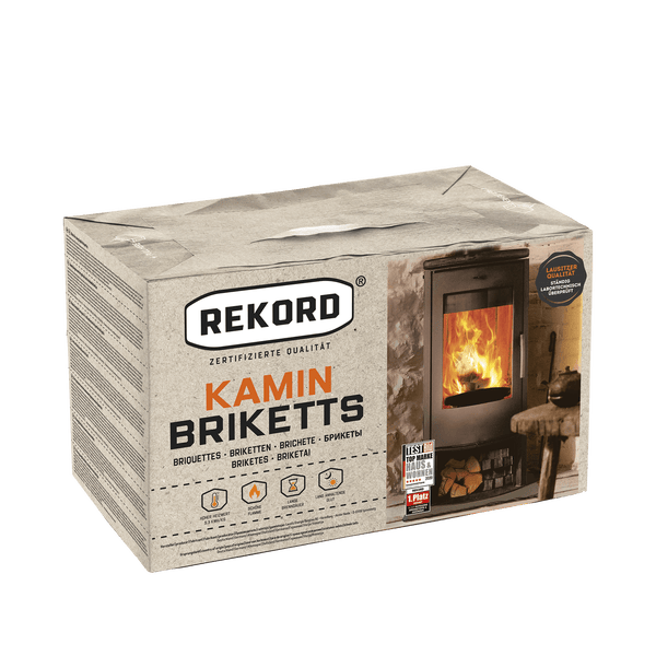REKORD Logo, Kaminbriketts im Karton, zertifizierte Qualität, Top Marke Siegel, hoher Heizwert, schöne Flamme, lange Brenndauer und Glut.