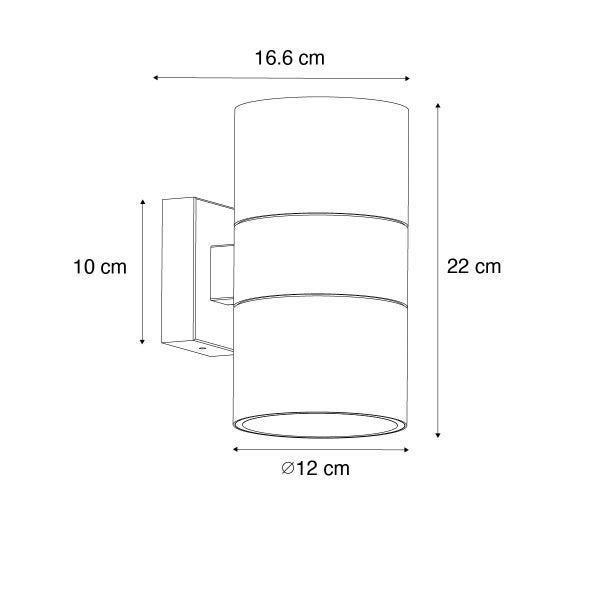 Maßzeichnung Wandleuchte: Breite 16,6 Zentimeter, Höhe 22 Zentimeter, Durchmesser 12 Zentimeter, Wandhalterung 10 Zentimeter.