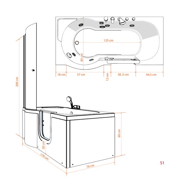 Maßzeichnung einer barrierefreien Badewanne mit Einstiegstür und Duschtrennwand, Länge 170 Zentimeter, Breite 76 Zentimeter, Höhe 60 Zentimeter.