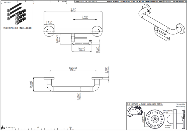 Technische Zeichnung eines horizontalen Haltegriffs mit integriertem Toilettenpapierhalter, Maßangaben und Montagesatz.