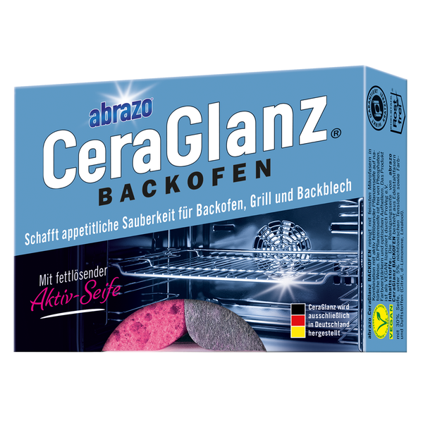 Packung abrazo CeraGlanz Backofenreiniger, fettlösende Aktiv-Seife für Backofen, Grill und Backblech, vegan und rostfrei.