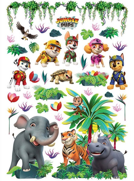 Wandsticker Set Paw Patrol Jungle Pups mit Marshall, Rubble, Chase, Skye und Tracker sowie Elefant, Tiger, Nashorn, Affe und Dschungelpflanzen.