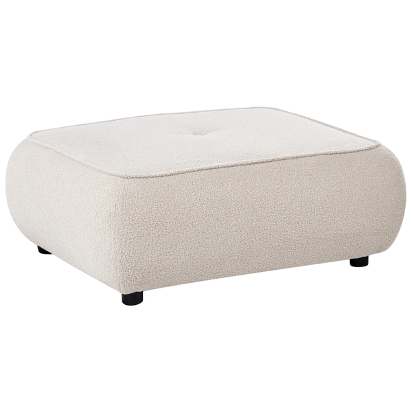 Rechteckiger Polsterhocker mit cremefarbenem Bouclé-Bezug, Knopfheftung und schwarzen Kunststofffüßen.