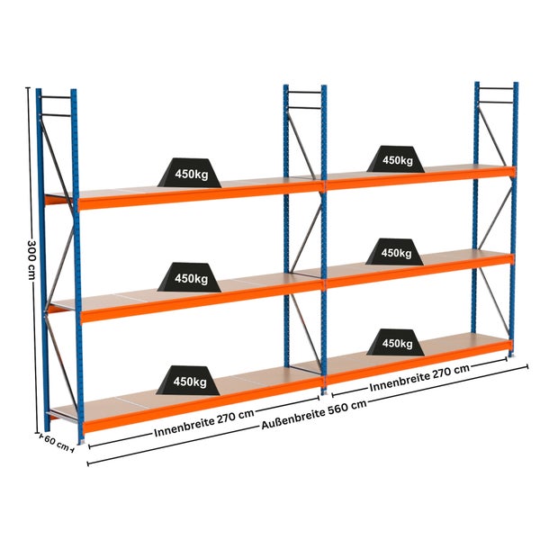 Lagerregal mit drei Ebenen und Gewichtsangaben