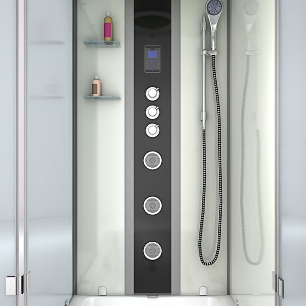Modernes Duschpaneel mit drei Massagedüsen, drei Drehreglern, digitalem Display und Handbrause in einer Duschkabine.