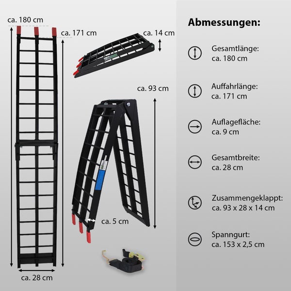 TRUTZHOLM 1 x Auffahrrampe klappbar 180 cm Traglast 340 kg Alu schwarz Riffelstab Verladerampe