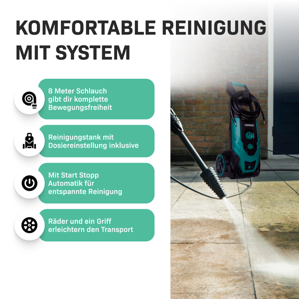 VONROC Hochdruckreiniger 170bar - Fassadenreiniger für mittelschwere Reinigungsarbeiten [2200W] - Durchfluss [450 l/h] Reinigungstank, Aluminium Pumpe - inkl. Zubehör Kit
