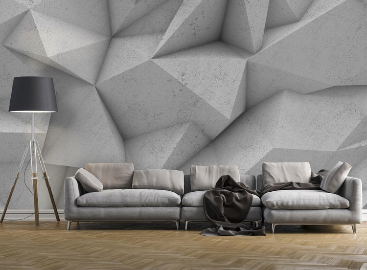 Wohnzimmer mit Sofa, Stehlampe und dreidimensionaler Wandgestaltung