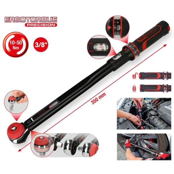 Ergotorque Präzisions-Drehmomentschlüssel, 3/8 Zoll, 10 bis 50 Newtonmeter, Länge 350 Millimeter
