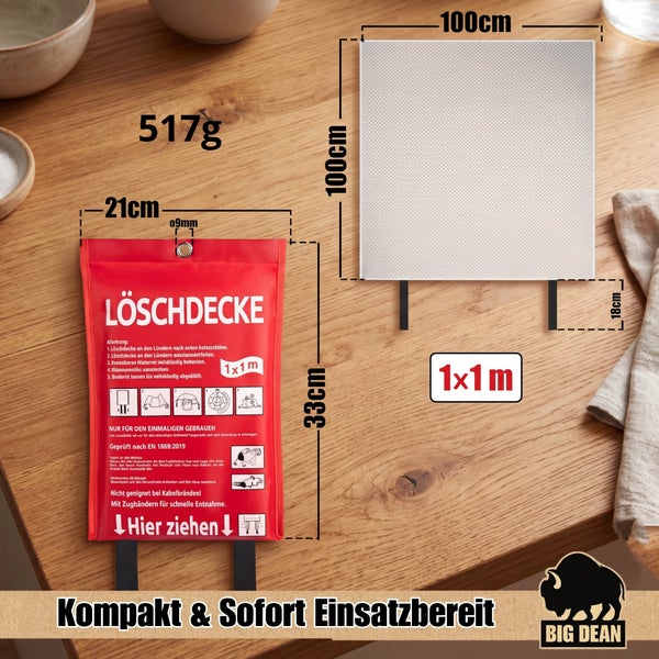 Löschdecke in roter Aufbewahrungstasche mit Maßen von 100 mal 100 Zentimeter, zertifiziert nach DIN EN 1869:2019, zur Brandbekämpfung.