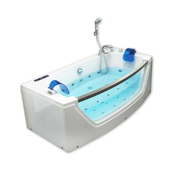 Rechteckige Whirlpool Badewanne mit Glasfront inklusive Handbrause, Armaturen und zwei Kopfstützen in einem modernen Design.