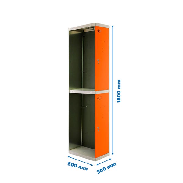 Metall Garderobenschrank mit zwei Fächern und den Maßen 1800 mm Höhe, 500 mm Breite und 300 mm Tiefe.