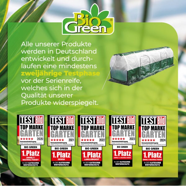Bio Green Logo. Winterschutz-Folientunnel mit Hinweisen zur Produktentwicklung in Deutschland und Auszeichnungen als Top Marke Garten 2020 bis 2024.
