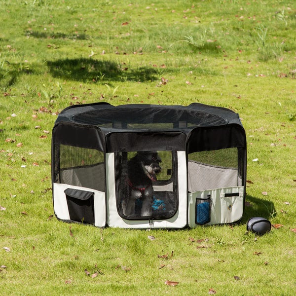PawHut Hundelaufstall, Ø120 x H58 cm, Oxford-Gewebe, Stahl, Schwarz + Creme-Weiß