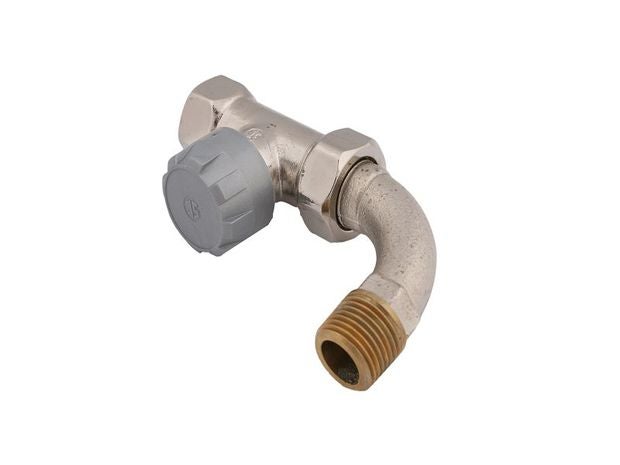 Heizkörper-Thermostatventil in Eckform aus vernickeltem Metall mit grauem Kunststoffdrehgriff.