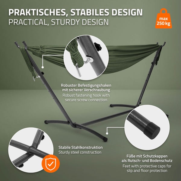 ML-Design Doppel Hängematte mit Stahlgestell, Khaki, Platz für 2 Personen, Indoor & Outdoor, XXL Hängesessel mit Tragetasche, Hängemattengestell, Doppelhängematte mit Ständer, für Garten & Balkon