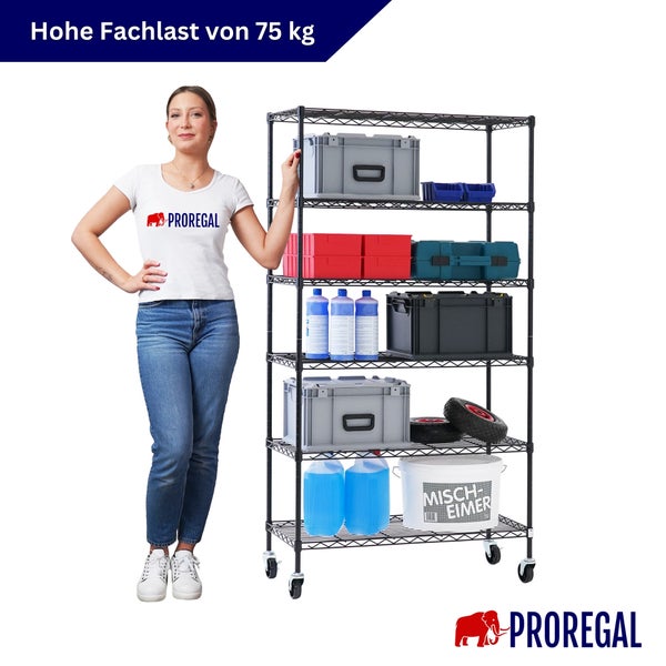 Schwarzes Drahtgitterregal mit sechs Fachböden auf Rollen, beladen mit verschiedenen Boxen, hohe Fachlast von 75 Kilogramm.