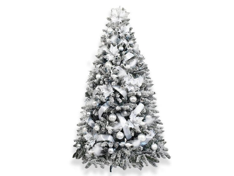 Künstlicher Weihnachtsbaum mit Schnee, geschmückt mit Kugeln, Bändern und Blumen