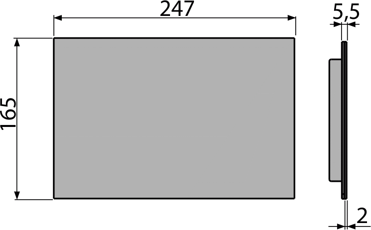 Technische Zeichnung: Breite 247 Millimeter, Höhe 165 Millimeter, Gesamttiefe 5,5 Millimeter und Frontplattendicke 2 Millimeter.