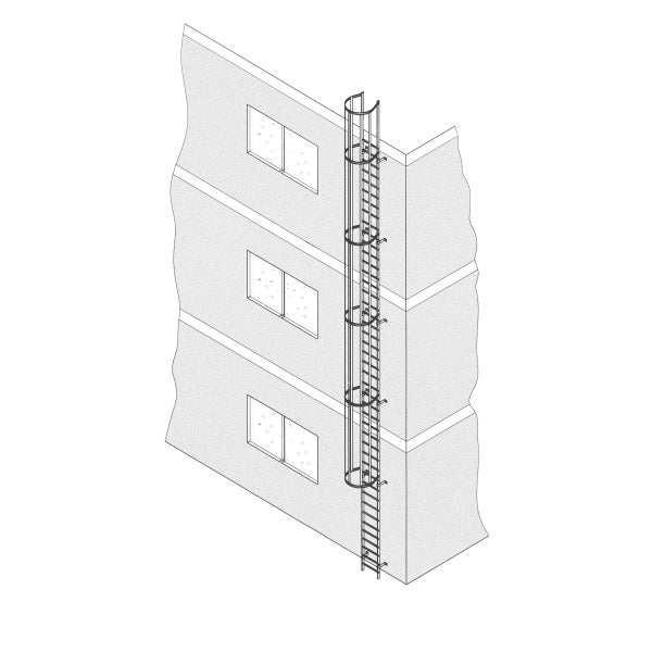 Leiter an einer Gebäudewand mit Fenstern