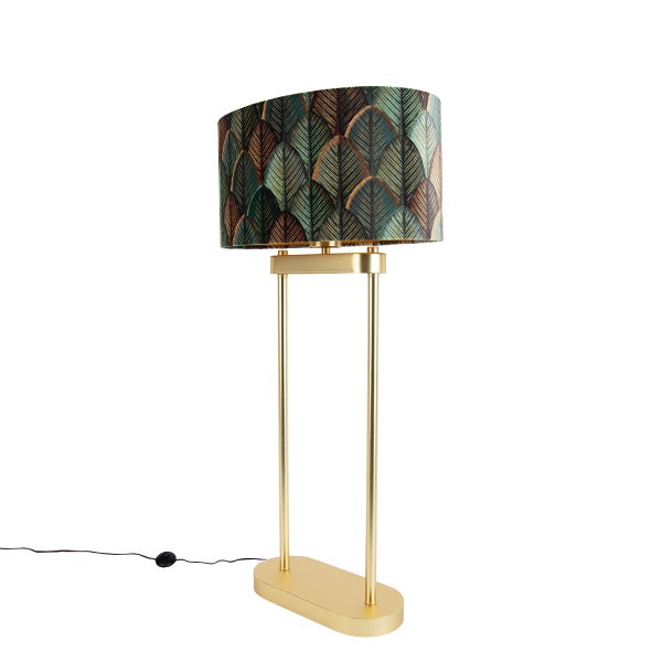 Moderne Stehlampe mit ovalem Lampenschirm mit Blattmuster und goldfarbenem Metallgestell.