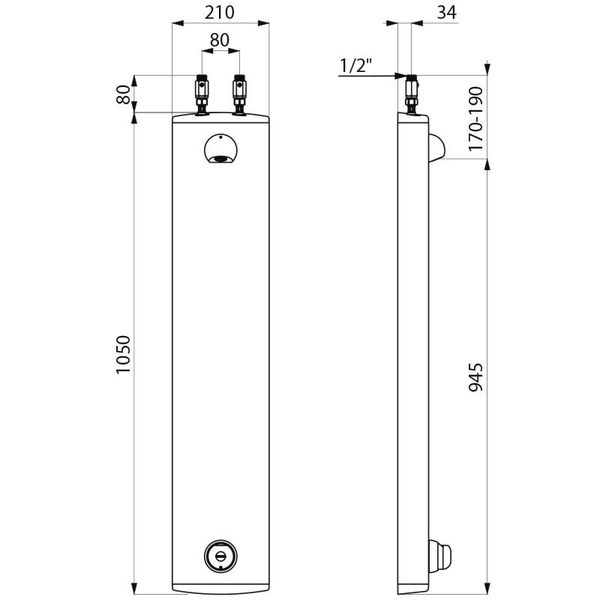 Maßzeichnung eines Duschpaneels mit Abmessungen von 1050 Millimeter Höhe und 210 Millimeter Breite.