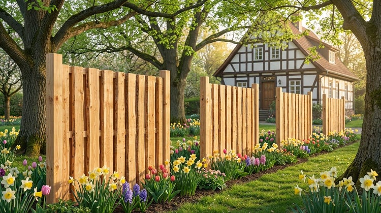 Holzzaun im Garten mit Blumenbeet und Haus im Hintergrund
