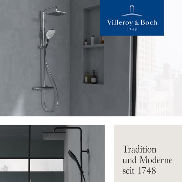 Villeroy und Boch Logo, Duschsystem mit Regendusche in einem modernen Badezimmer