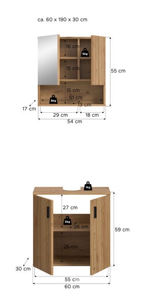Spiegelschrank und Waschbeckenunterschrank in Eichenoptik mit detaillierten Maßangaben in Zentimeter und Belastbarkeit in Kilogramm.