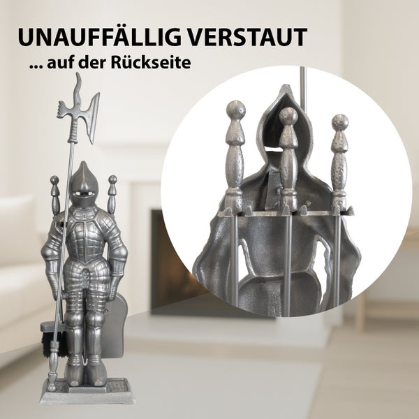 Kamingarnitur mit Ritterfigur und Halterung für Kaminbesteck