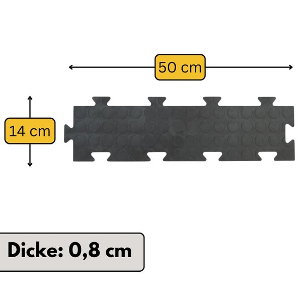 Gummifliese Randstück mit Noppenstruktur, 50 Zentimeter Länge, 14 Zentimeter Breite und 0,8 Zentimeter Dicke.