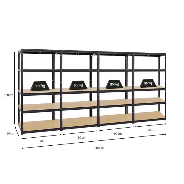 PROREGAL Mega Deal 4x Schwerlastregal Slim Elephant M HxBxT 180 x 90 x 60 cm & 1x Höhenverstellbare Werkbank Big Dino HxBxT 90 x 160 x 60 cm Schwarz