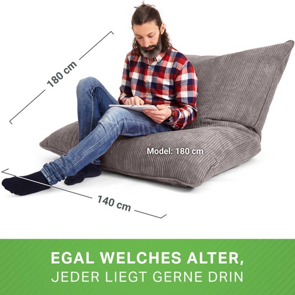 Green Bean XXL Sitzsack aus Cordstoff 370 Liter EPS-Perlen Füllung - Kuschelig Weich Robust & Waschbarem-Stoff Bodenkissen Liegekissen Sitzkissen - Grau